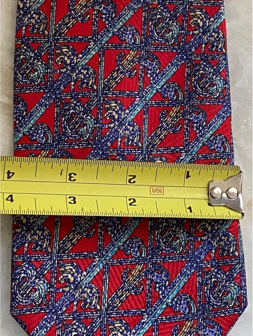 Brioni Mens Red Blue Fence Pattern Silk Tie Necktie Made in Italy Gold Chain